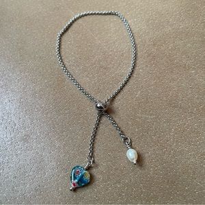 💙 Heart Millefiori floral glass freshwater pearl slider bracelet lariat